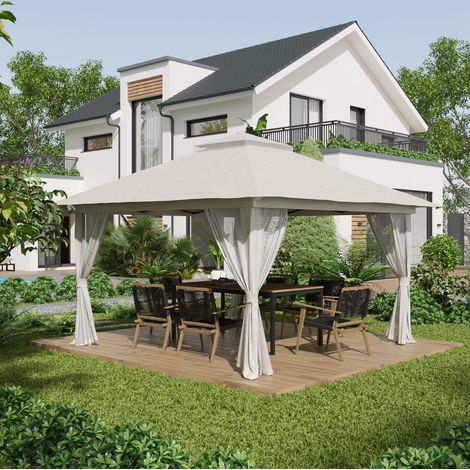 Cenador plegable de 392x392 cm con 4 mosquiteras, doble techo, altura regulable, poliéster blanco crema. (1/5)