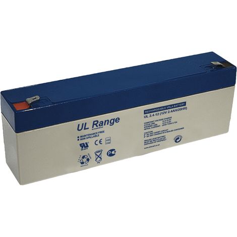 Batterie rechargeable Plomb/VRLA 12V/2.4Ah, Ultracell, Gamme UL, sortie pour cosses faston 4,8mm