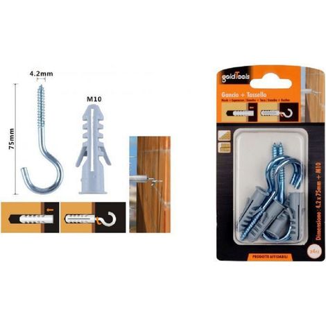 Kaela - Set 4 Pezzi Viti Vite A Gancio 4.2x75mm + Tasselli Con Alette Tassello M10 90740 - (1/2)