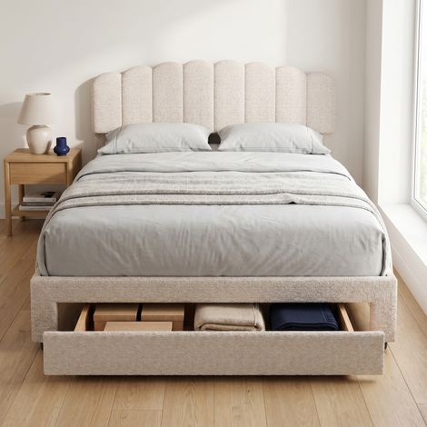 Lit adulte 140x200 cm avec tiroir et ports USB, lit double en tissu bouclette, tête de lit pétale, beige (1/5)