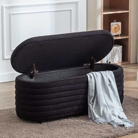 Wahson Banc de Rangement en Fausse Fourrure, Banc d'entrée Pliable Coffre de Rangement d'une Capacité de 120L Banc Chaussure pour Salon, Noir