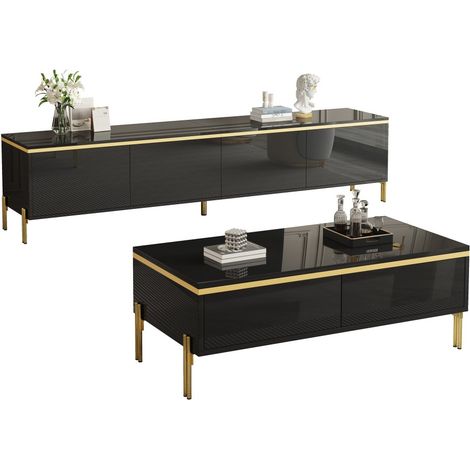 Pour un salon ordonné et élégant, ensemble meuble TV table basse noir avec pieds métal et détails dorés (1/5)