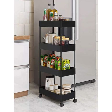 Chariot Roulant Étagère à Roulettes Meuble de Rangement Mobile Multi-Fonction avec 4 Niveaux Noir (1/5)