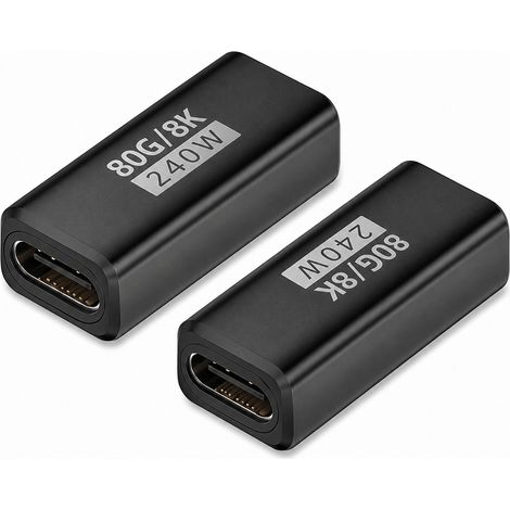 Lot de 2 adaptateurs USB-C femelle à femelle 240W 80Gbps, droit, noir, compatible avec Huawei, Samsung, APPLE, Garmin (1/4)