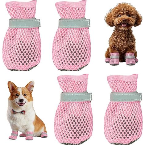 Set mit 4 Sommerschuhen für kleine Hunde, atmungsaktive Mesh-Hundeschuhe, verstellbare, atmungsaktive Mesh-Schutzstiefel, rutschfest, für heiße Sommerböden (Rosa, L) (1/5)