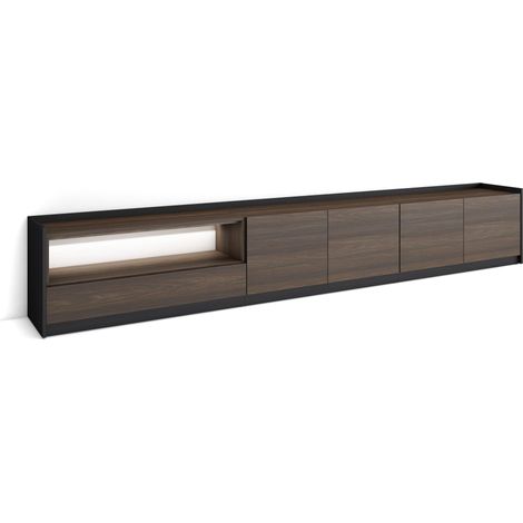 Skraut Home - Mueble TV, Televisión, Muebles de salón, almacenaje, 310x37x50cm, Para TV hasta 80", LED, Estilo Moderno, Roble oscuro y Negro (1/5)
