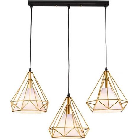 Pendelleuchte Vintage Gold, Hängelampe Diamant Käfig E27 Rechteckig Basis für Esstisch Küche Wohnzimmer Cafét (3-Flammige)