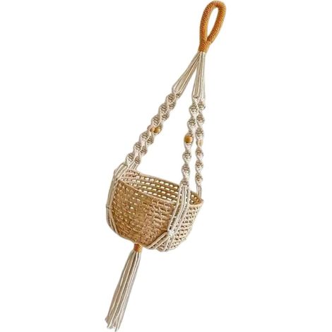 Filet de suspension pour plantes en macramé avec pompons, à fixer au plafond ou mur (1/5)