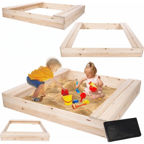 MODO24 Bac à sable en bois de jardin 140x137 cm, avec bancs, agrofibre incluse, naturel brut