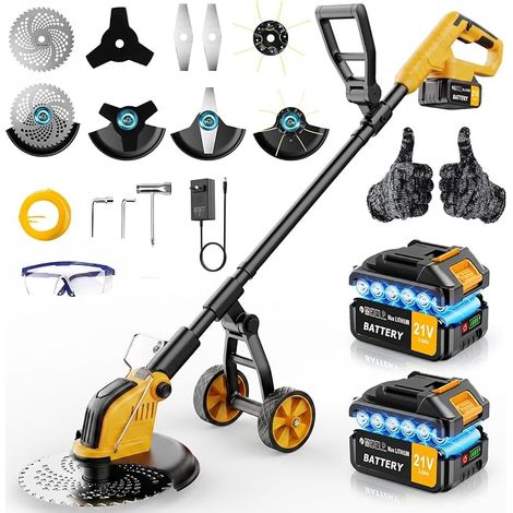 Electric Brushcutters without FI 21 V, Cordless Trimmer with 2 x 3.0Ah Battery and Charger, Brushless Motor 800W, 30cm Battery Brushcutter with Wheel & 4 Types of Blades for Garden Pruning (1/5)