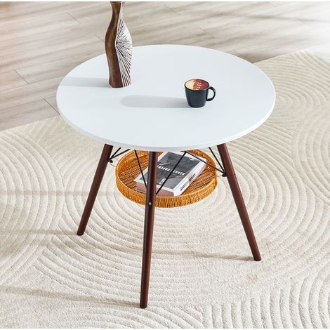 Runder Esstisch Ø 80 cm, weiße MDF-Platte, Beine aus Walnussholz HAVRYA (1/5)
