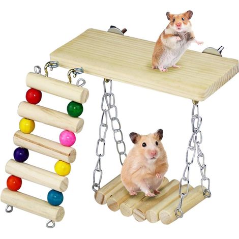 Lot de 3 jouets d'exercice pour hamsters, jouets à mâcher suspendus en bois pour hamsters, accessoires pour cage de petits animaux (cochons d'Inde). (1/5)