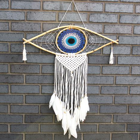 Protection Dream Cather - Lrg Macramé Evil Eye Bleu/Blanc/Noir- Vendu par 1 (1/3)