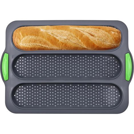 Molde de silicona para pan - Molde perforado antiadherente para baguettes, molde de 3 compartimentos para hornear baguettes, ideal para hornear baguettes, panes largos y salchichas.