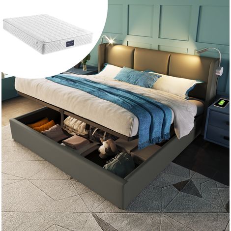 Letto imbottito matrimoniale 160x200 cm grigio in PU con testiera, luce da lettura, USB e contenitore (1/5)
