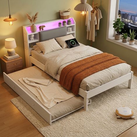 Lit simple enfant 120 x 200 cm avec rangements intégrés- éclairage LED- roulettes- dimensions 217 x 128 x 85 cm- design moderne- en bois- Blanc (1/5)