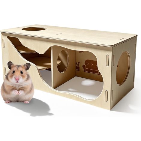 Wooden Hamster Hideout: Guinea Pig Hideout, Small Pets, Exploration Tunnel for Hamsters, Hamsters, Gerbils, Hedgehogs, Rats, Mice (Living Room) (1/5)