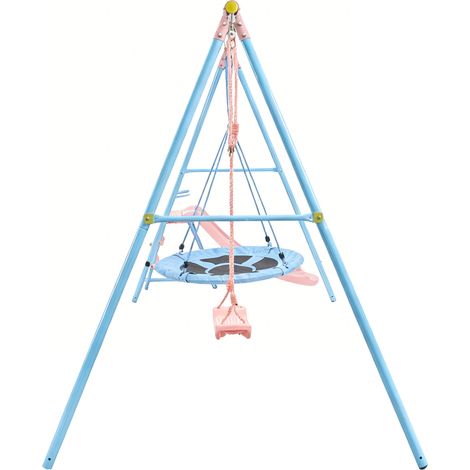 ELVMI Columpio con Asiento y Columpio Nido, Tobogán Integrado, Estructura de Acero y HDPE, Azul y Rosa (1/4)