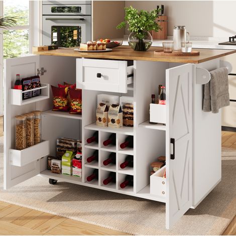 Îlot de cuisine 137,5/65/95,6 cm blanc avec plateau rabattable, rangement et roulettes (1/5)
