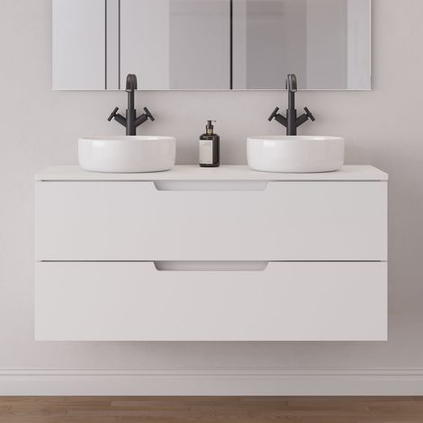 Meuble de salle de bain 120cm avec plateau et 2 vasques à poser rondes - 2 tiroirs - sans miroir - blanc mat - SONRIZA (1/5)
