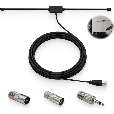 Dab Antenne Radio FM Dipôle 75 Ohms avec Câble Extension de 3M, Antenne Autoradio et Récepteur Stéréo HiFi, Antenne Intérieure pour Voiture, Tuner AV, Adaptateurs Inclus (1/5)