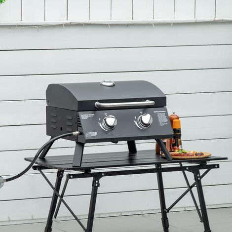 Outsunny Tischgrill Gasgrill BBQ mit 2 Brennern mobiler Grillwagen Grillnetz klein Outdoor Tischgasgrill Picknick mit Druckminderer Schlauch Edelstahl Schwarz 55 x 46,5 x 41 cm
