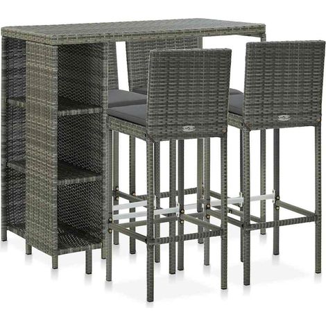 Ensemble Table de bar + 4 Chaises de bar de jardin - Table Haute avec 4 Tabourets et coussins Résine tressée Gris BV150469 - BonneVie (1/5)