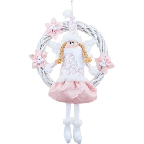 Couronne de Noël Ange Mignon en Rotin pour Porte, Décoration Murale Fête (1/5)