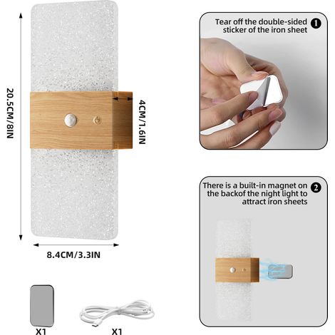 Lumière d'ambiance murale LED, capteur de mouvement, rechargeable sans fil, design bois, pour chambre