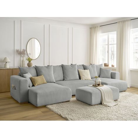 BOBOCHIC - Canapé panoramique convertible réversible coffre SIDONIE velours côtelé avec pouf Gris clair (1/5)
