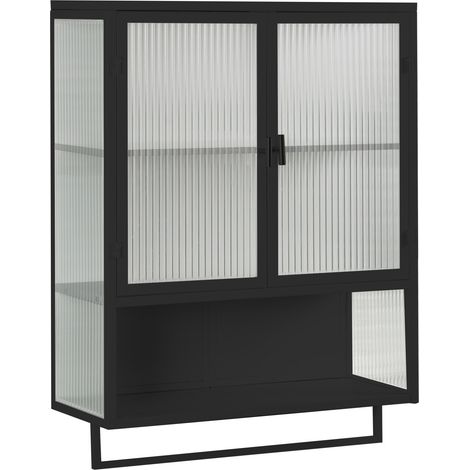 Armoire murale moderne noire 60 cm avec portes vitrées, étagère ouverte et porte-serviettes (1/5)