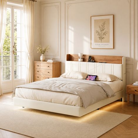 Lit adulte 140 x 200 avec bande LED - Lit double rembourré 140 x 200 - Tête de lit avec rangement - USB et Type-C - PU Beige - Style rustique français (1/5)