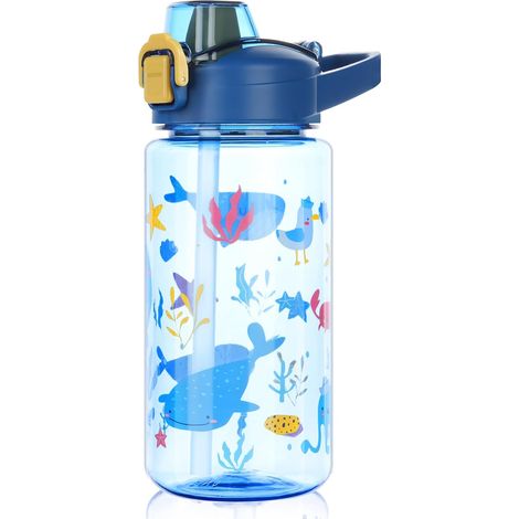 600ML Gourde Enfant avec Paille, Bouteille Enfant, Verrouillage Sécurisé, Anti-Fuite, Réutilisable, sans BPA Tritan pour l'école Sport (Bleu Foncé-Animaux marins) (1/5)