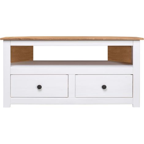 Vidaxl – Meuble TV d'angle blanc 93x49x49 cm en pin massif – 2 tiroirs – Espace de rangement ouvert – Design élégant pour salon (1/7)