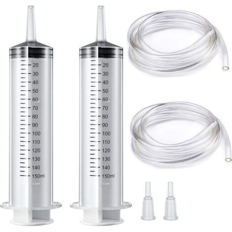 Lot de 2 grandes seringues de dosage en plastique de 150 ml avec tube de 1,3 m et adaptateur d'embout pour laboratoire scientifique, industriel [usage non médical] (1/5)