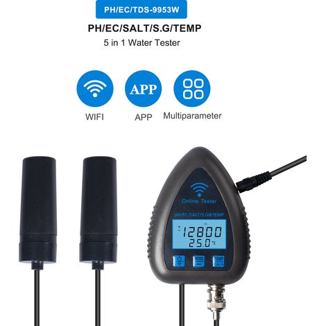 Testeur de qualité d'eau numérique 9953W Bluetooth/Wi-Fi Mini analyseur 5 en 1 : pH/EC, sel, densité, température, application, surveillance à distance et alarme. Idéal pour l'eau potable, les aquariu (1/5)
