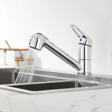 Auralum Robinet Cuisine Mitigeur avec Douchette Extractible Chrome Rotatif 360° Mélangeur de Cuisine Evier Robinetterie Mitigeur Eau et Froid (1/7)