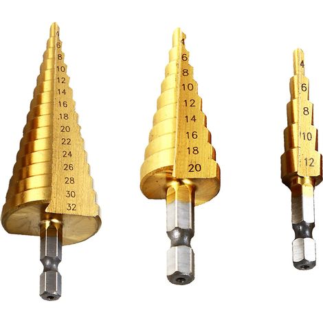 Dapetz ® 3PCS HSS Step Bits Set High Speed Steel Step Drill Bits Set - 4-12mm, 4-20mm and 4-32 mm Cone Drill Bits Hole Cutter for Wood Stainless Steel Sheet Metal (1/5)