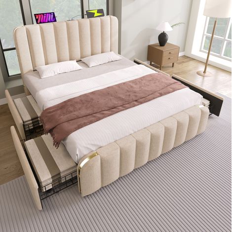 Polsterbett (215x167x101 cm), mit 4 Schubladen, USB Typ C Ladefunktion, Leinen, Beige (1/5)