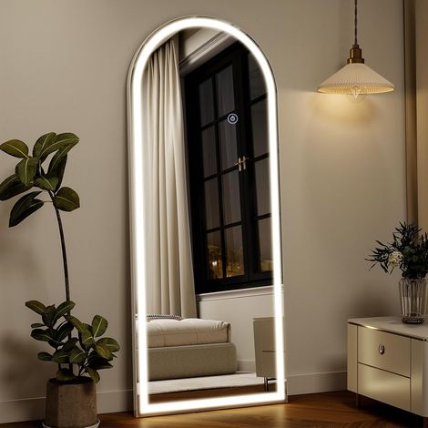 Miroir complet LED 165 x 60 cm avec lumière - Support arqué et miroir d'appointage - Dimmable - 3 températures de couleur pour chambre à coucher, dressing (1/5)