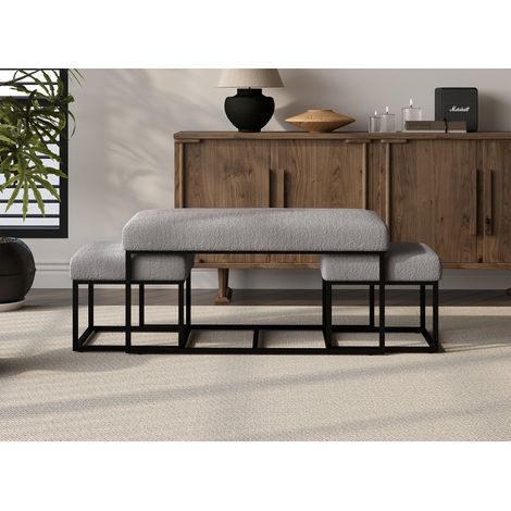 Banquette avec poufs en tissu bouclette gris et pieds en métal (1/5)