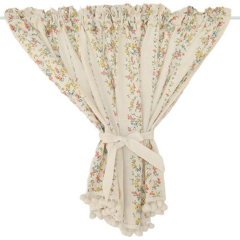 Rideau court frais et propre – en coton et lin semi-transparent, décoré de pompons en forme de fleur, beige (135 cm de large x 100 cm de haut) (1/5)