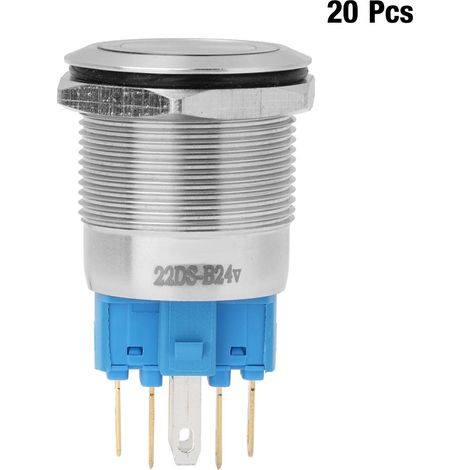 Bouton poussoir plat acier inoxydable bleu, 20 pièces de 22mm, interrupteur à anneau autobloquant, lumineux, idéal pour vêtements et sacs. (1/5)