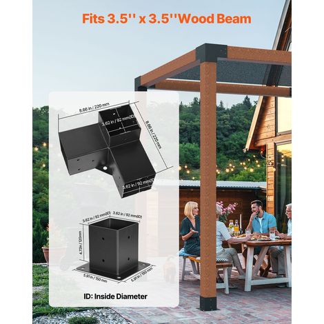 Kit Supports de Pergola, Lot de 8, Support de Poteau Bois 92x92 mm, 4 Supports d'Angle 3 Voies, 4 Bases de Poteaux, Acier au Carbone, pour Poutres Bois Standard, Banquets de Fête en Plein Air (1/5)