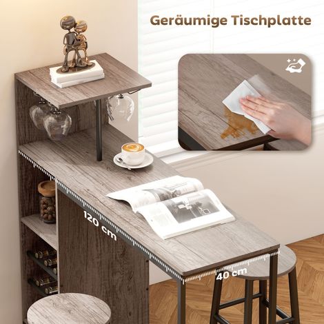 Lot de 3 meubles de bar avec rangement, porte-bouteilles, supports à verres, tabourets avec repose-pieds, pour petits espaces, gris (1/5)