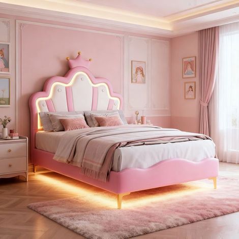 Cama infantil princesa 90x200 cm LED rosa con somier de lamas y cabecero ajustable - MDF y cuero sintético