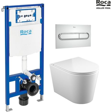 Bastidor ROCA duplo one pack cisterna empotrada y pulsador PL7 negro mat con inodoro WC suspendido rim-less AQUA 01 blanco mate marca propia. garantía 3 años (1/5)