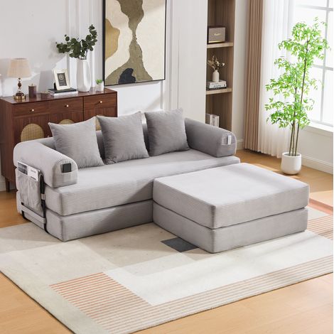 Canapé modular de pana gris claro con pouf y estructura de metal 200x190x67 cm (1/5)