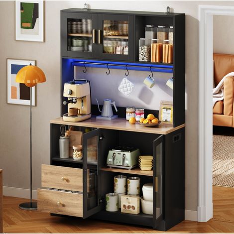 Aparador alto de cocina de 110x40x178 cm con iluminación LED RGB, tomas de corriente y USB, vitrina de 4 puertas, MDF antiguo - negro (1/5)