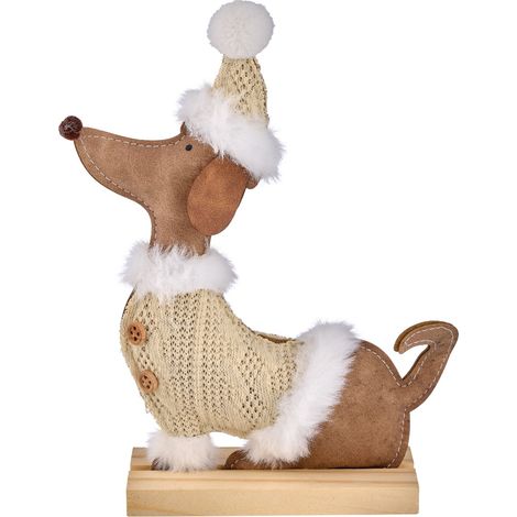 Gasper Dekofigur Dackel mit Strickpulli & Mütze auf Holzfuß 17 cm x 5 cm x 21 cm
